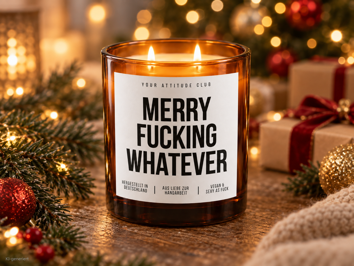 MERRY FUCKING WHATEVER – Weihnachtskerze Naturgras Etikett | Lustiges Weihnachtsgeschenk | Geschenk für Freundin, Kollegin & Freunde | Geschenkidee Weihnachten