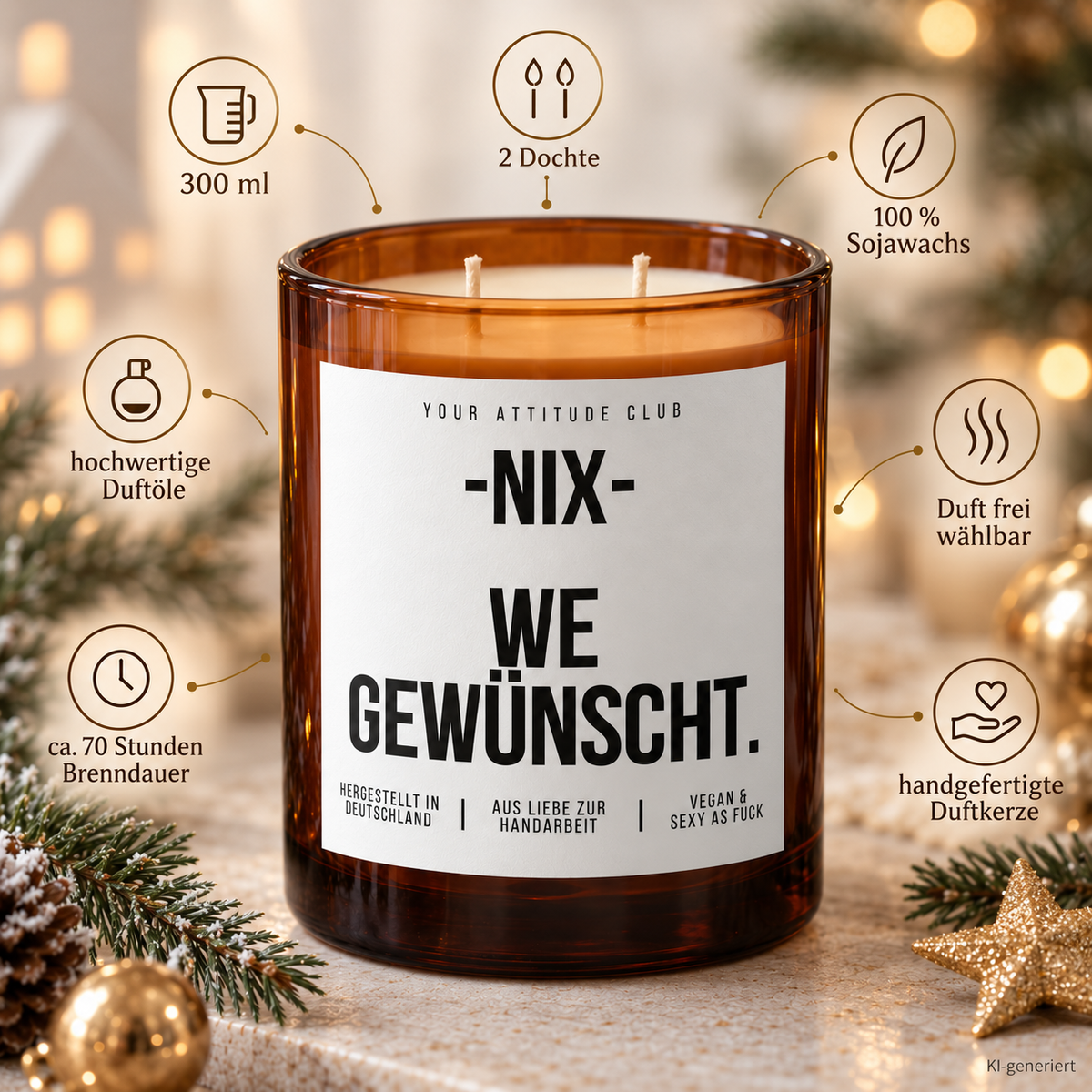 -NIX- WE GEWÜNSCHT. – Weihnachtskerze Naturgras Etikett | Weihnachtsgeschenk | Geschenk für Freunde, Familie & Kollegen | Geschenkidee Weihnachten