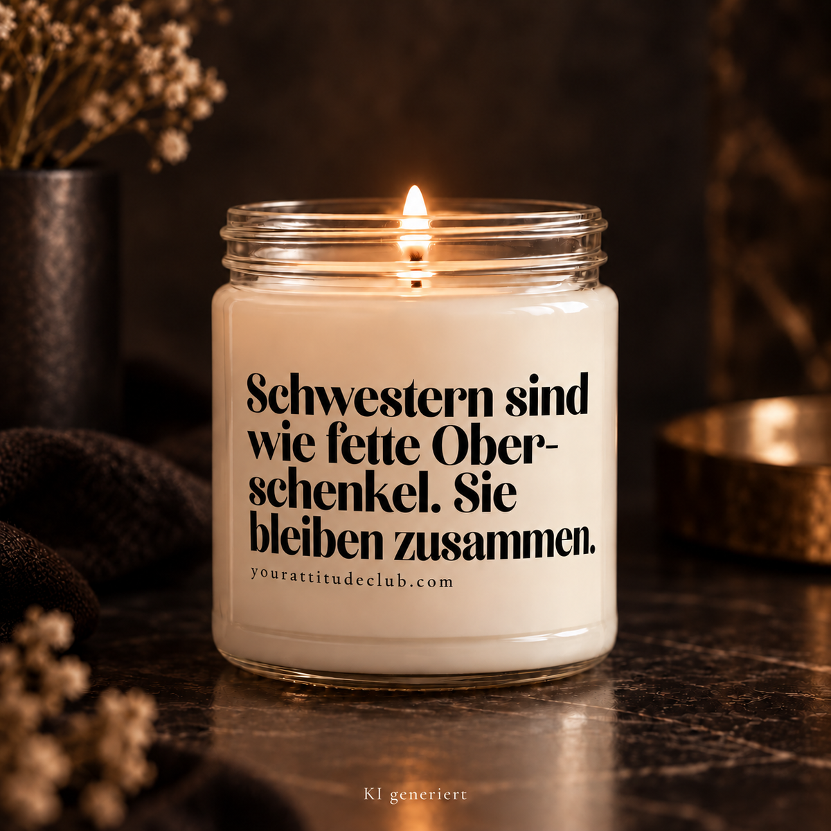 Schwestern sind wie fette Oberschenkel. Sie bleiben zusammen – Lustige Sprüchekerze, Geschenkidee Schwester, witzige Duftkerze, Your Attitude Club