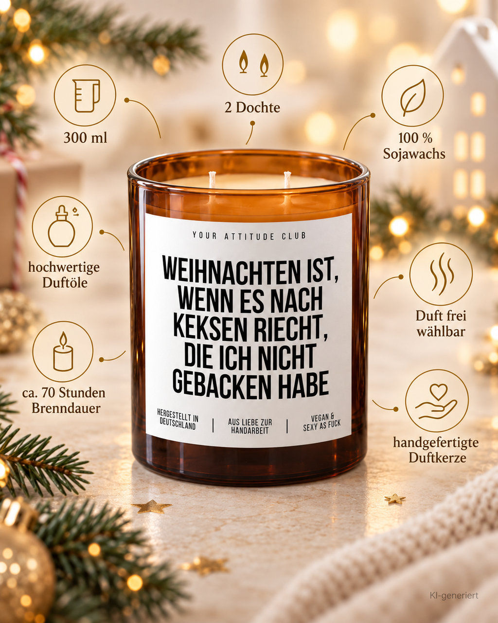 WEIHNACHTEN IST, WENN ES NACH KEKSEN RIECHT, DIE ICH NICHT GEBACKEN HABE – Weihnachtskerze Naturgras Etikett | Weihnachtsgeschenk | Geschenkidee