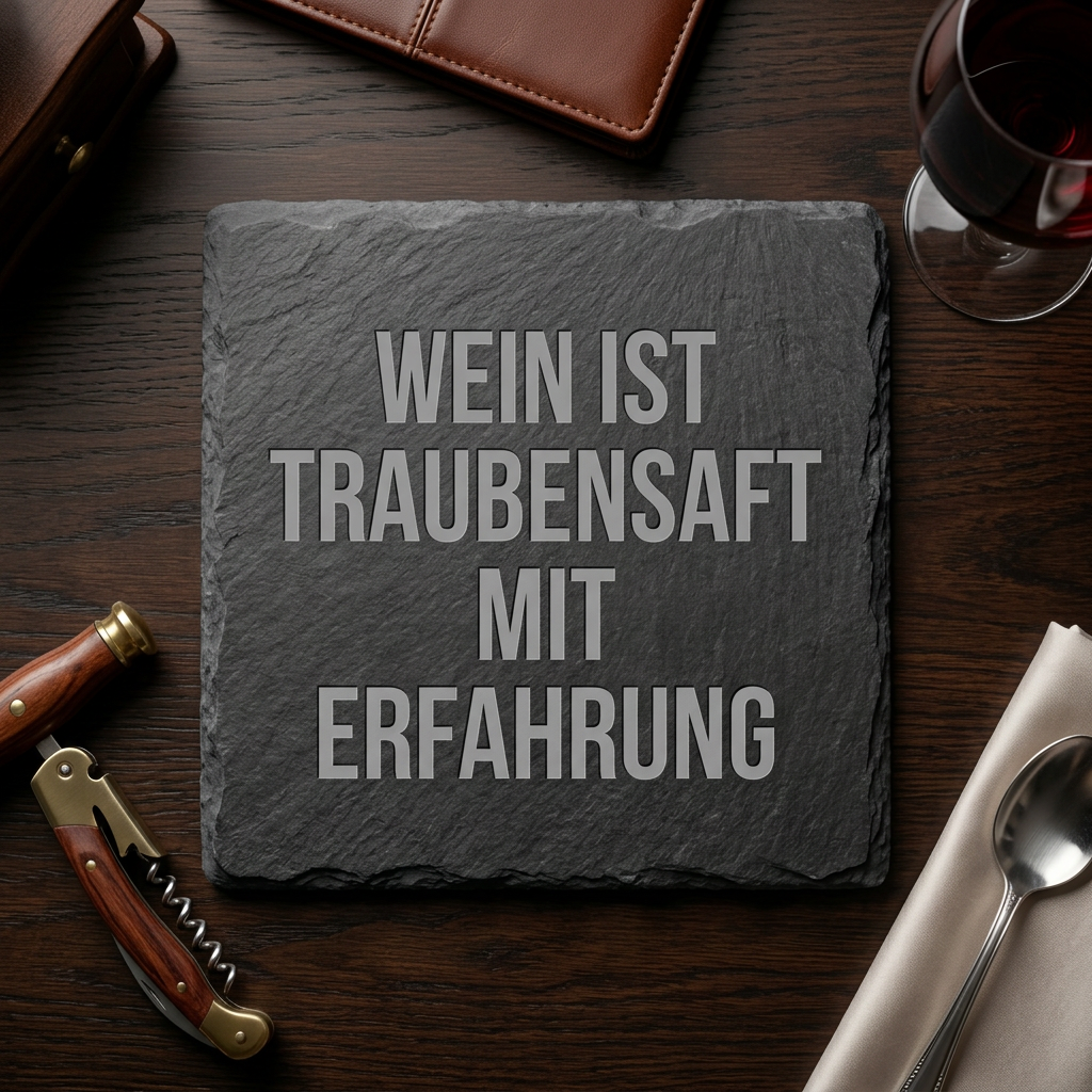 Wein ist Traubensaft mit Erfahrung – Schiefer Untersetzer 10x10 cm, lustiges Büro Geschenk, Geschenk für Arbeitskollegen, handgravierter Naturstein