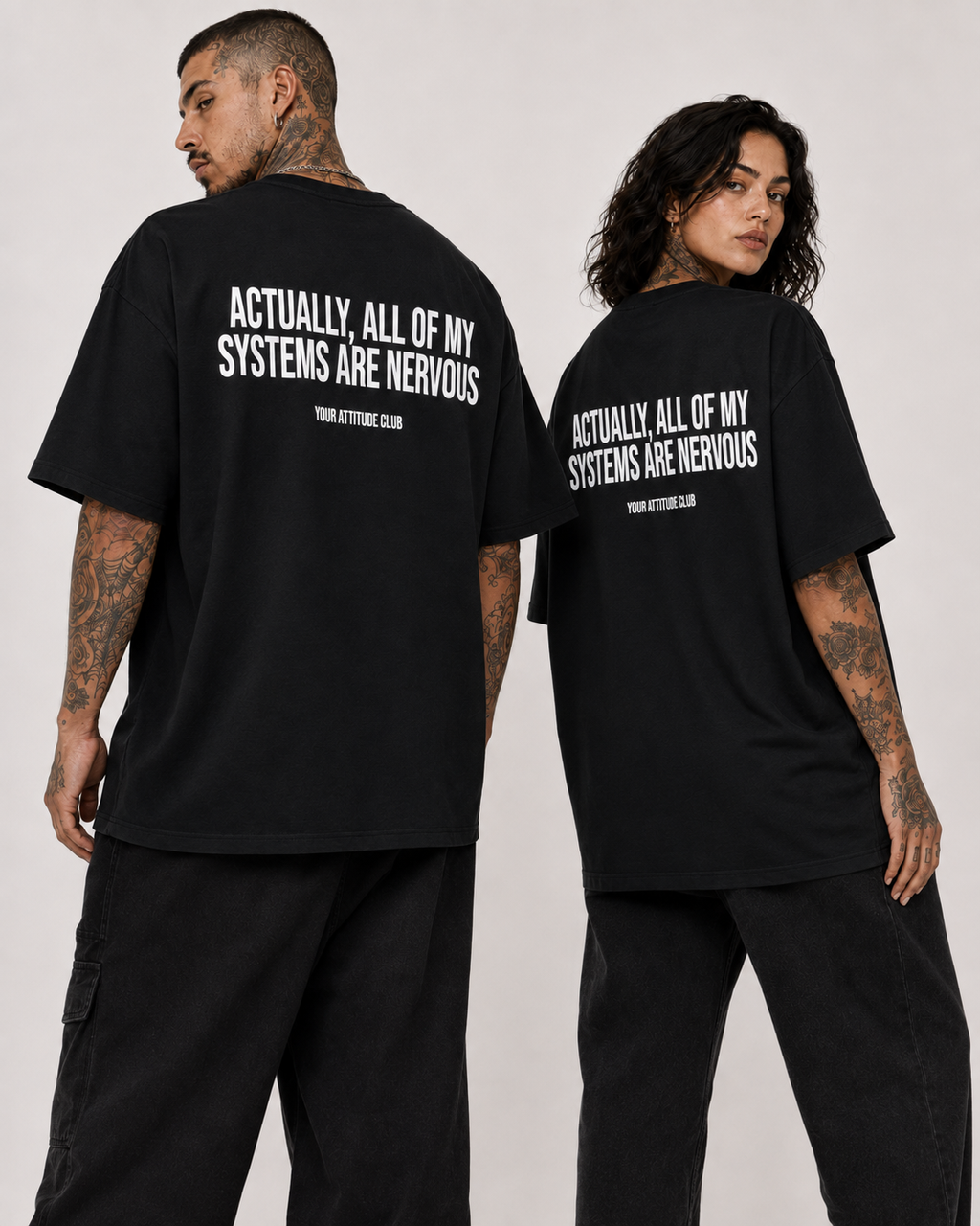 ACTUALLY, ALL OF MY SYSTEMS ARE NERVOUS – schwarzes Unisex Oversize Shirt mit weißem Backprint, lustiges Statement T-Shirt, Streetwear Geschenk