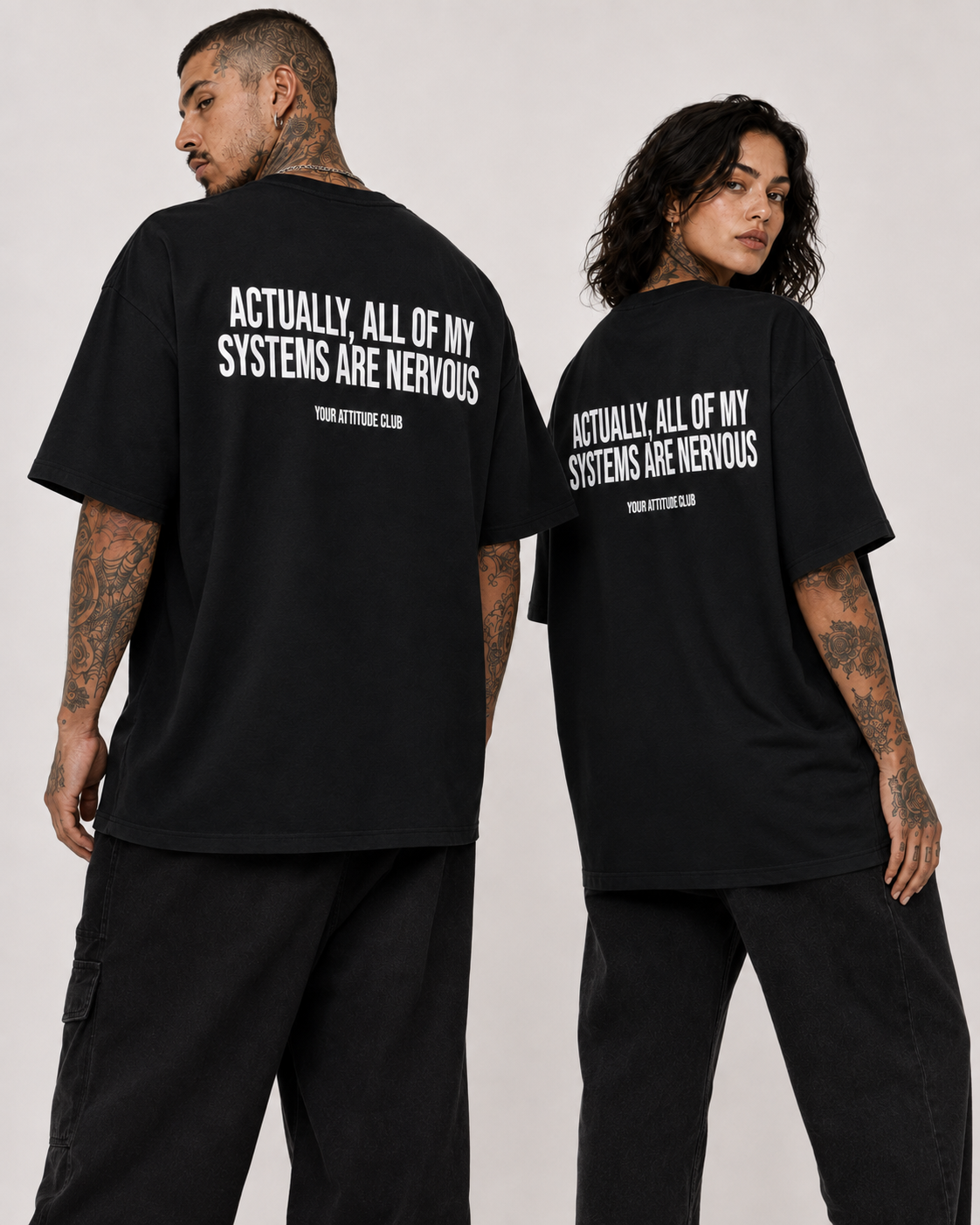 ACTUALLY, ALL OF MY SYSTEMS ARE NERVOUS – schwarzes Unisex Oversize Shirt mit weißem Backprint, lustiges Statement T-Shirt, Streetwear Geschenk