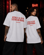 ACTUALLY, ALL OF MY SYSTEMS ARE NERVOUS – schwarzes Unisex Oversize Shirt mit weißem Backprint, lustiges Statement T-Shirt, Streetwear Geschenk