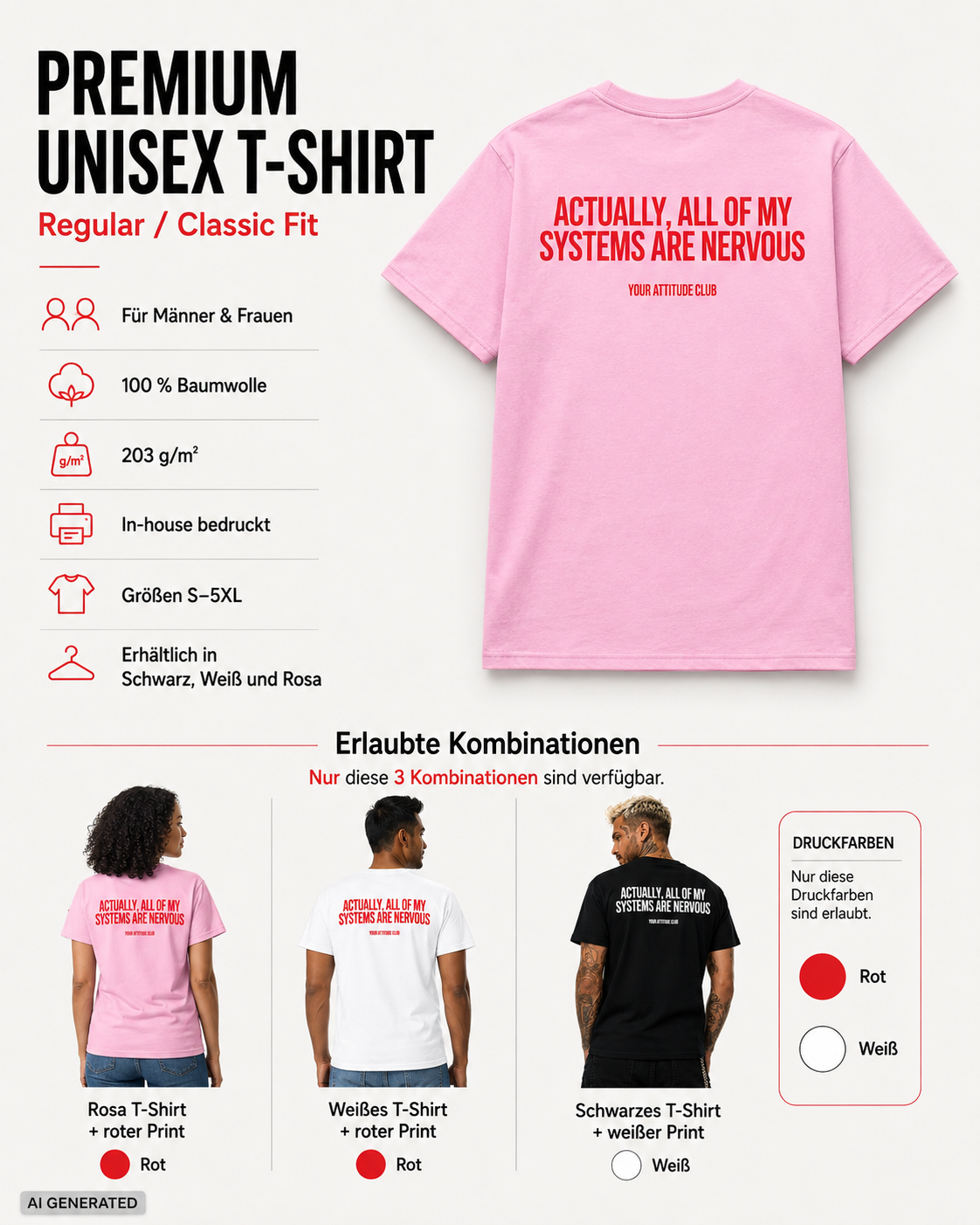 ACTUALLY, ALL OF MY SYSTEMS ARE NERVOUS – Weißes Unisex T-Shirt mit rotem Backprint | Regular Fit Statement Shirt 100 % Baumwolle