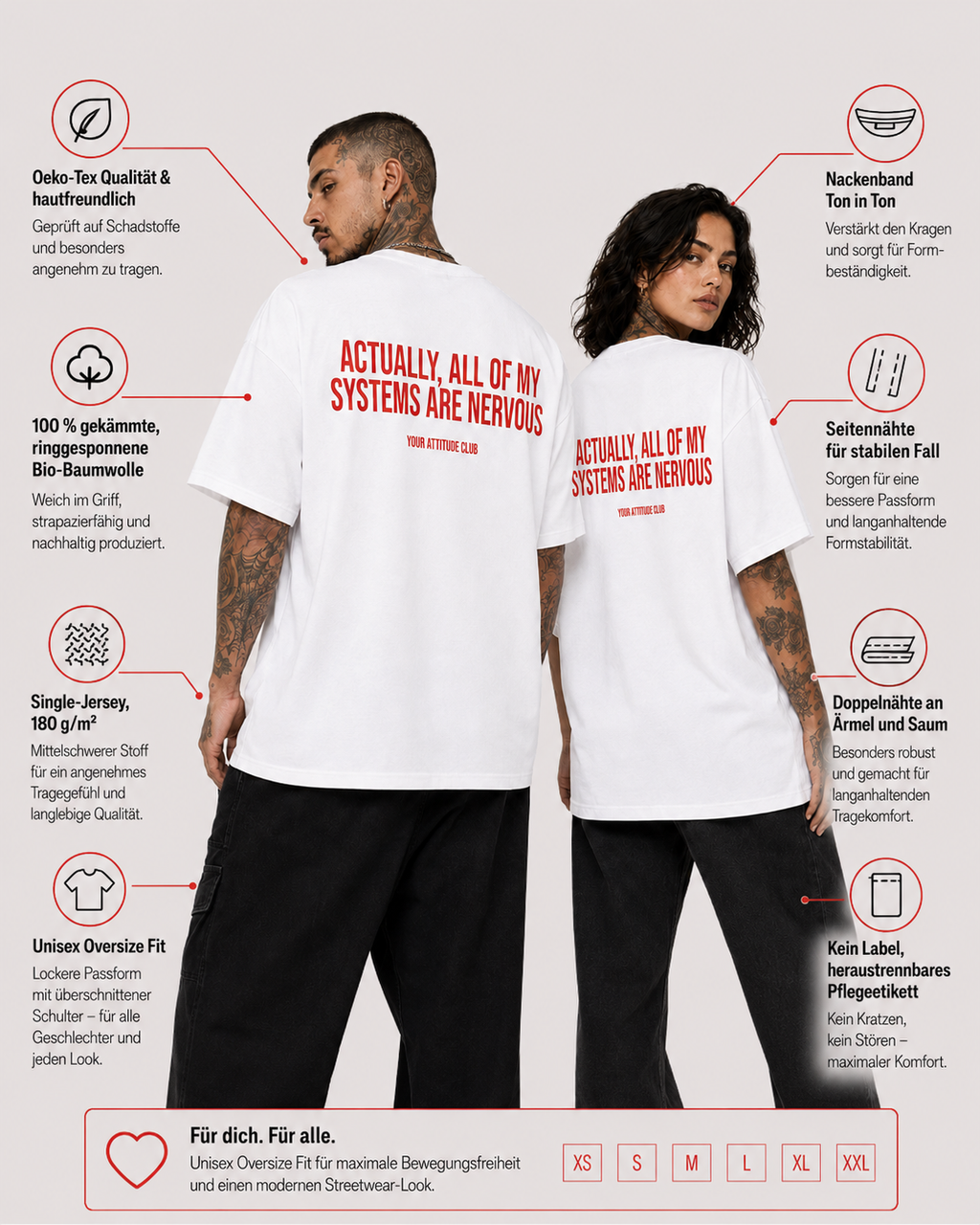 ACTUALLY, ALL OF MY SYSTEMS ARE NERVOUS – schwarzes Unisex Oversize Shirt mit weißem Backprint, lustiges Statement T-Shirt, Streetwear Geschenk