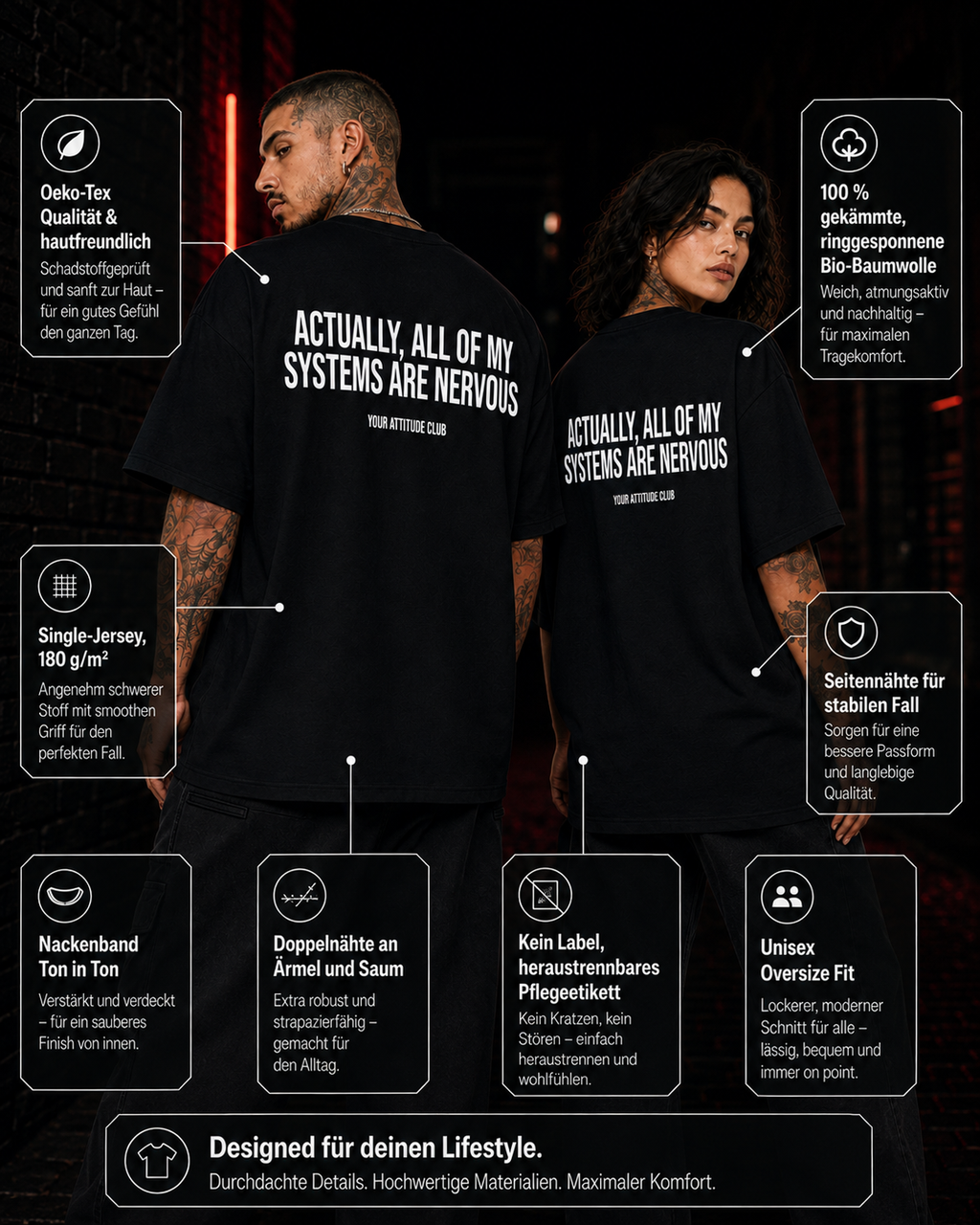ACTUALLY, ALL OF MY SYSTEMS ARE NERVOUS – schwarzes Unisex Oversize Shirt mit weißem Backprint, lustiges Statement T-Shirt, Streetwear Geschenk