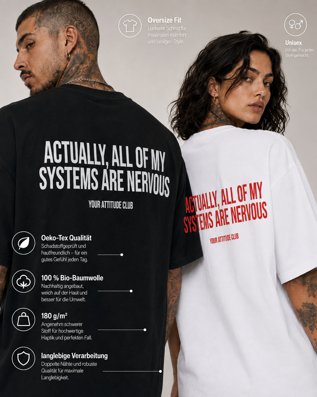 ACTUALLY, ALL OF MY SYSTEMS ARE NERVOUS – schwarzes Unisex Oversize Shirt mit weißem Backprint, lustiges Statement T-Shirt, Streetwear Geschenk