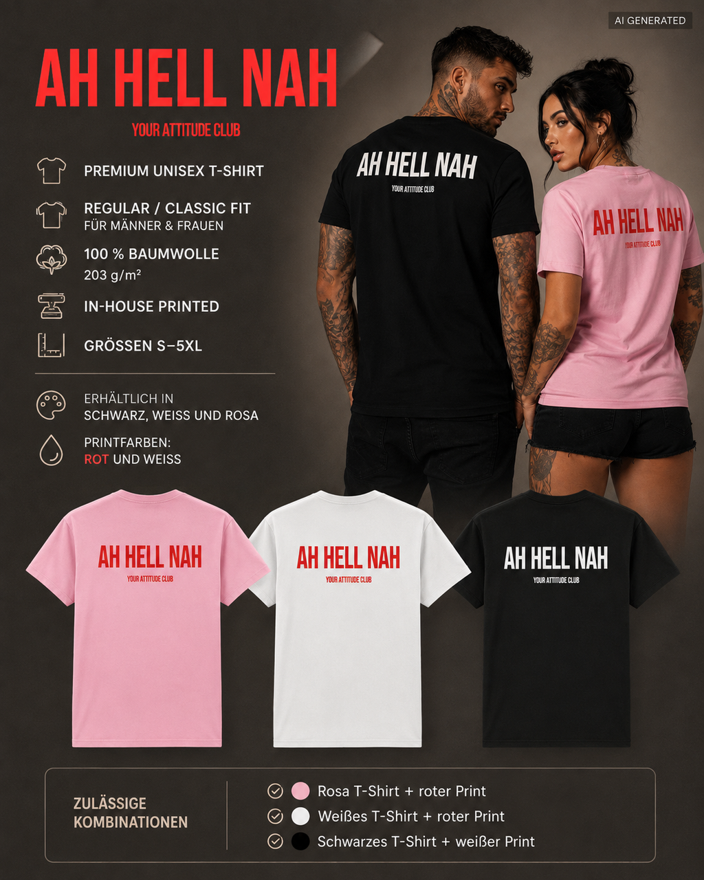 AH HELL NAH – Schwarzes Unisex T-Shirt mit weißem Backprint | Regular Fit Statement Shirt | Funny Sarcastic Shirt 100 % Baumwolle