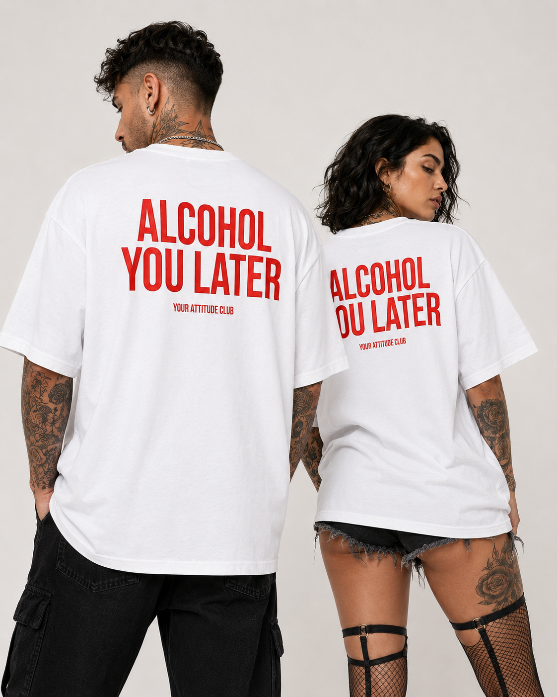 ALCOHOL YOU LATER – schwarzes Unisex Oversize Shirt mit weißem Backprint, lustiges Party T-Shirt, Alkohol Spruch, Geschenk, Festival Streetwear