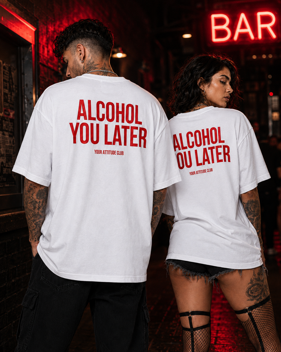 ALCOHOL YOU LATER – weißes Unisex Oversize Shirt mit rotem Backprint, lustiges Party T-Shirt, Alkohol Spruch, Geschenk für Freunde, Festival Streetwear