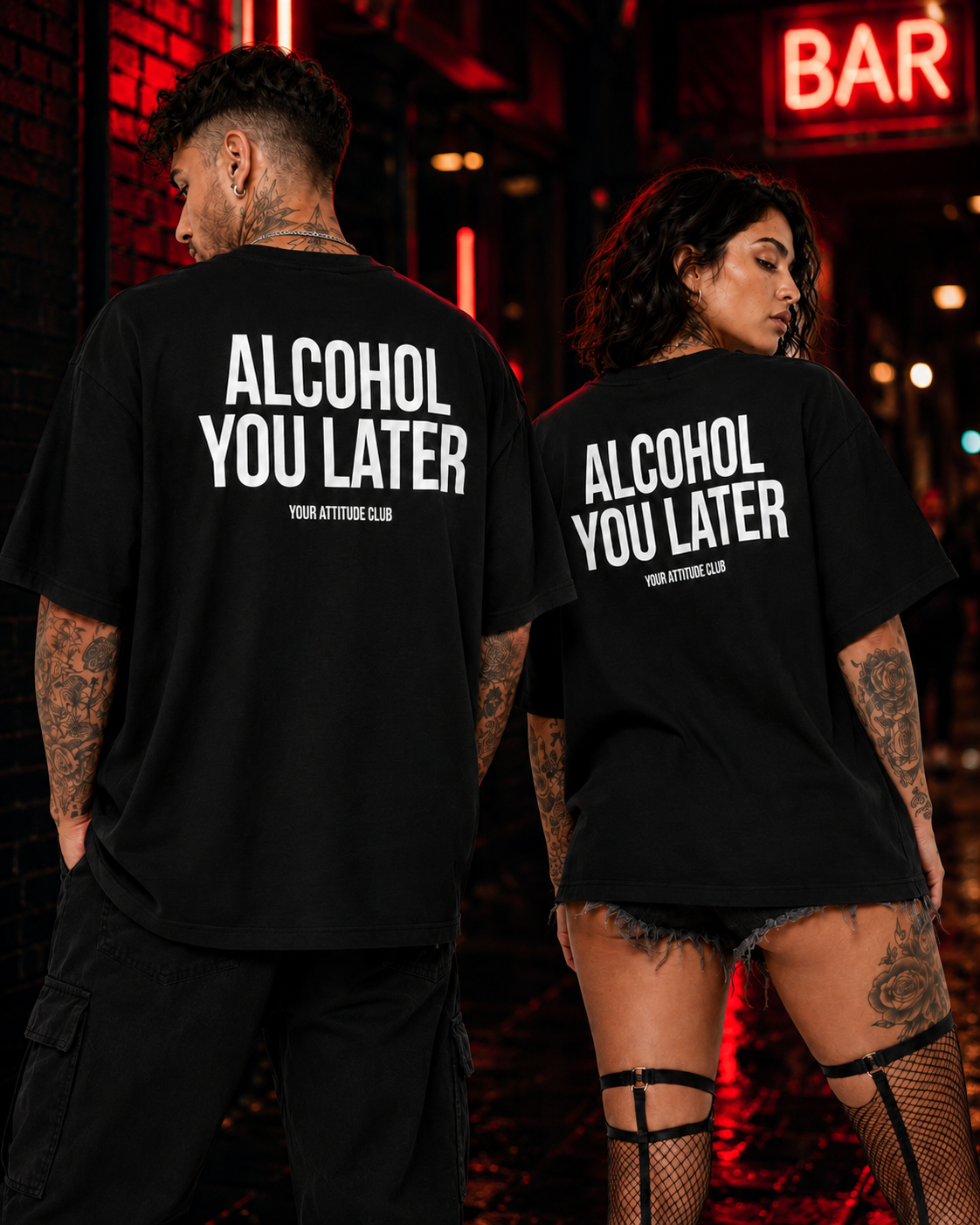 ALCOHOL YOU LATER – schwarzes Unisex Oversize Shirt mit weißem Backprint, lustiges Party T-Shirt, Alkohol Spruch, Geschenk, Festival Streetwear