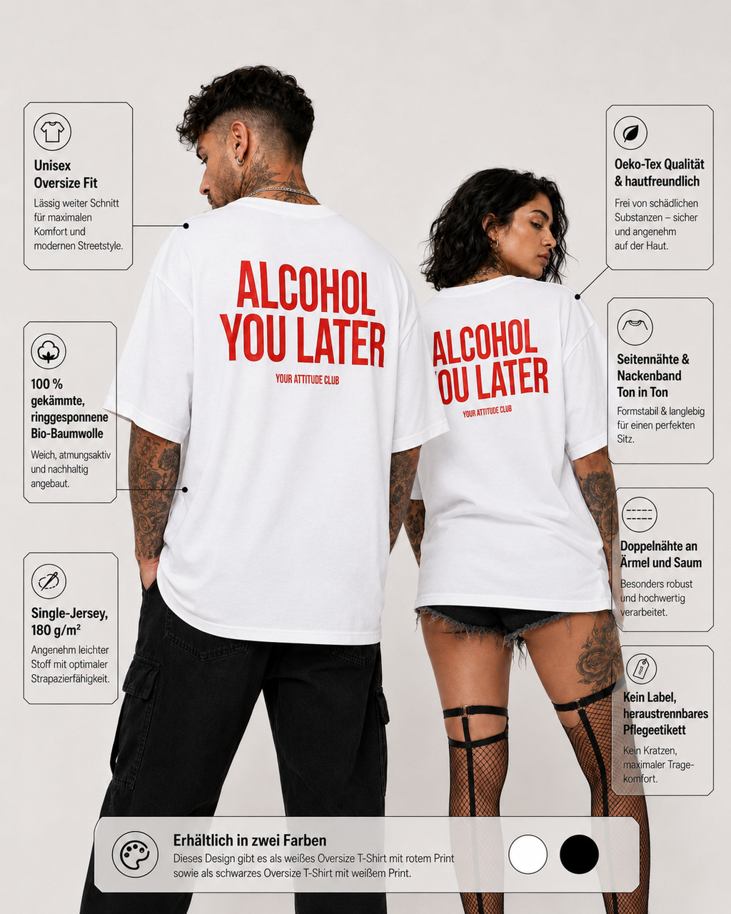 ALCOHOL YOU LATER – schwarzes Unisex Oversize Shirt mit weißem Backprint, lustiges Party T-Shirt, Alkohol Spruch, Geschenk, Festival Streetwear