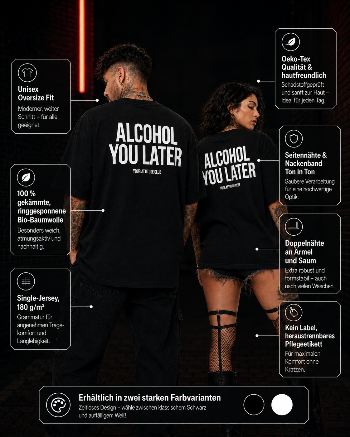 ALCOHOL YOU LATER – schwarzes Unisex Oversize Shirt mit weißem Backprint, lustiges Party T-Shirt, Alkohol Spruch, Geschenk, Festival Streetwear