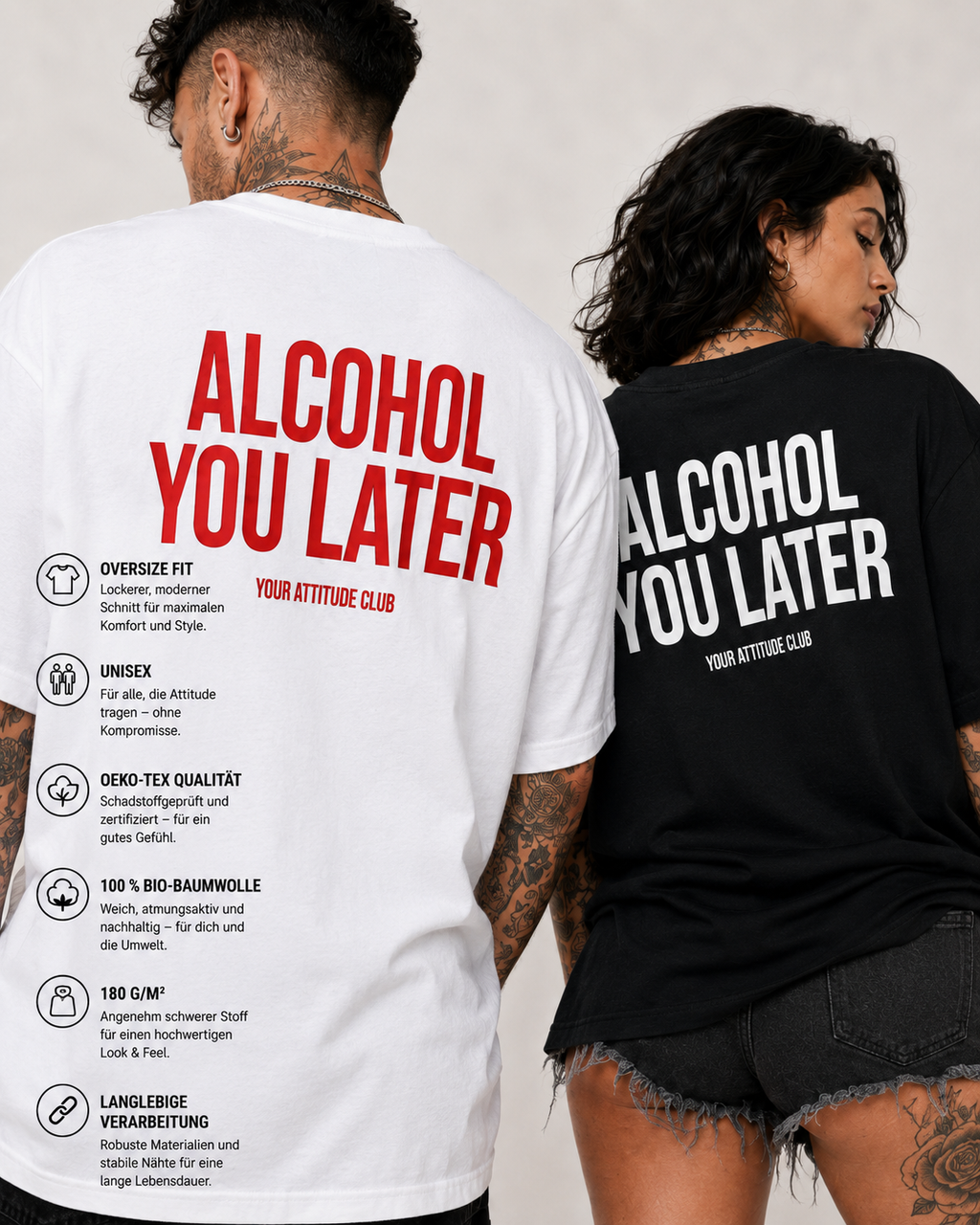 ALCOHOL YOU LATER – schwarzes Unisex Oversize Shirt mit weißem Backprint, lustiges Party T-Shirt, Alkohol Spruch, Geschenk, Festival Streetwear