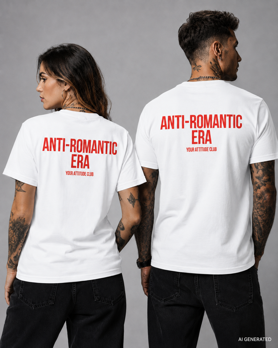 ANTI-ROMANTIC ERA – Weißes Unisex T-Shirt mit rotem Backprint | Regular Fit Statement Shirt | Anti Love & Single Era Shirt 100 % Baumwolle