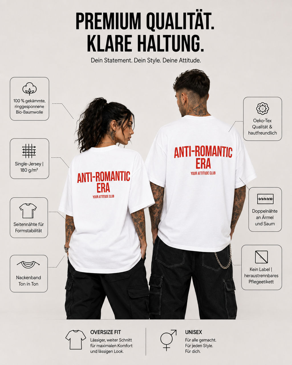 ANTI-ROMANTIC ERA – schwarzes Unisex Oversize Shirt mit weißem Backprint, Anti Valentine Statement T-Shirt, Single Geschenk, Streetwear