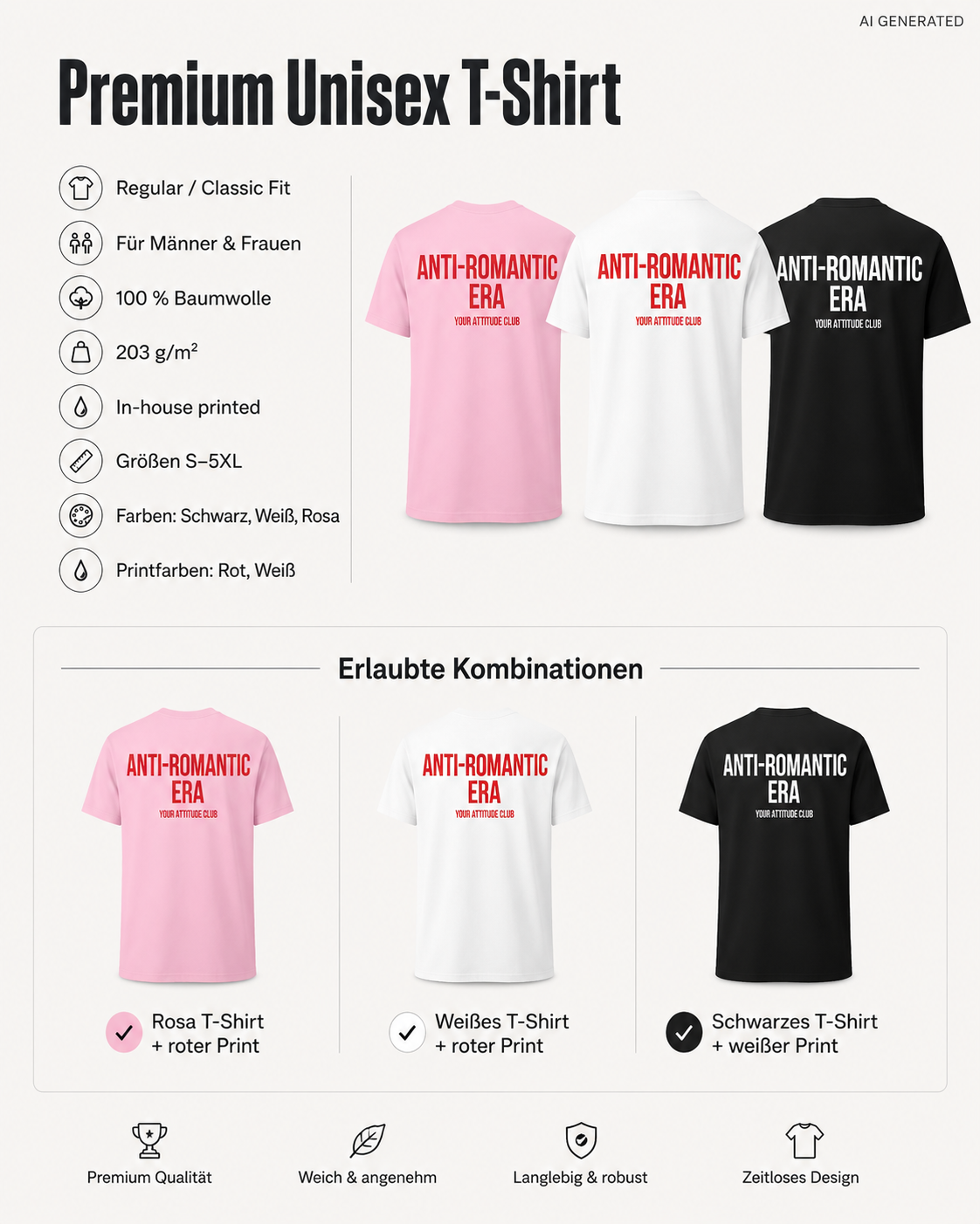 ANTI-ROMANTIC ERA – Weißes Unisex T-Shirt mit rotem Backprint | Regular Fit Statement Shirt | Anti Love & Single Era Shirt 100 % Baumwolle