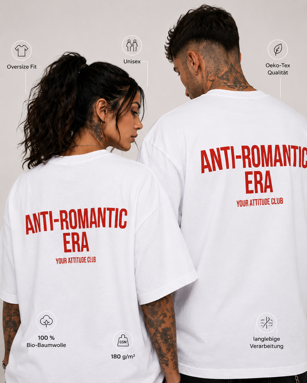 ANTI-ROMANTIC ERA – weißes Unisex Oversize Shirt mit rotem Backprint, Anti Valentine Statement T-Shirt, Single Geschenk, Streetwear