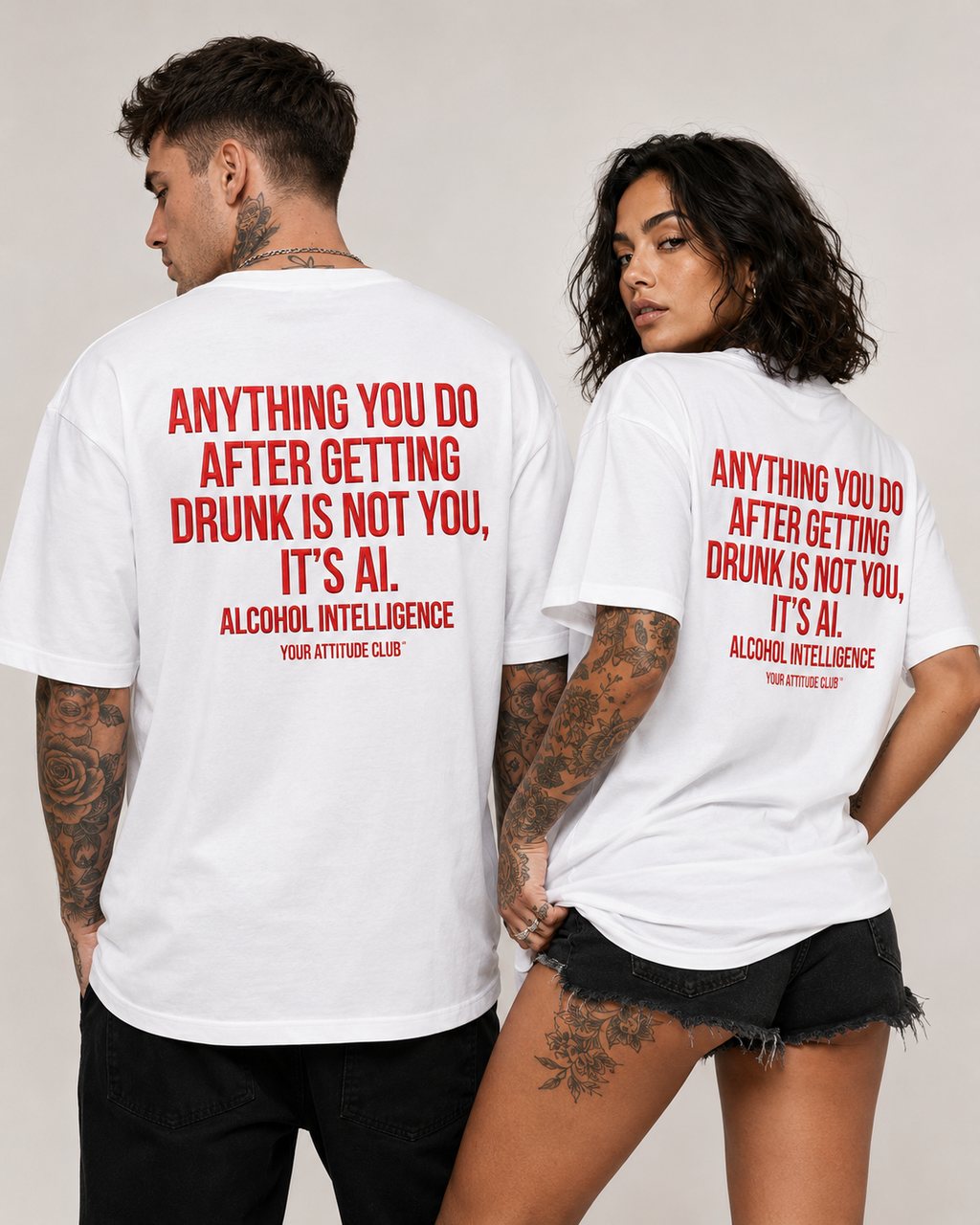 ANYTHING YOU DO AFTER GETTING DRUNK IS NOT YOU, IT’S AI – schwarzes Unisex Oversize Shirt, weißer Backprint, Party T-Shirt, Alkohol Humor