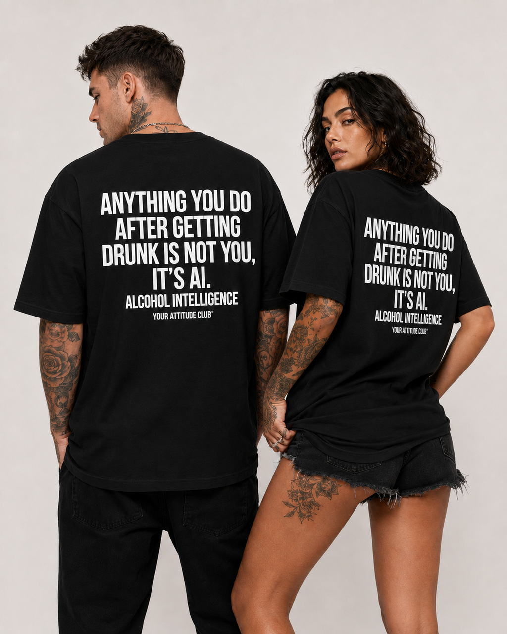 ANYTHING YOU DO AFTER GETTING DRUNK IS NOT YOU, IT’S AI – schwarzes Unisex Oversize Shirt, weißer Backprint, Party T-Shirt, Alkohol Humor