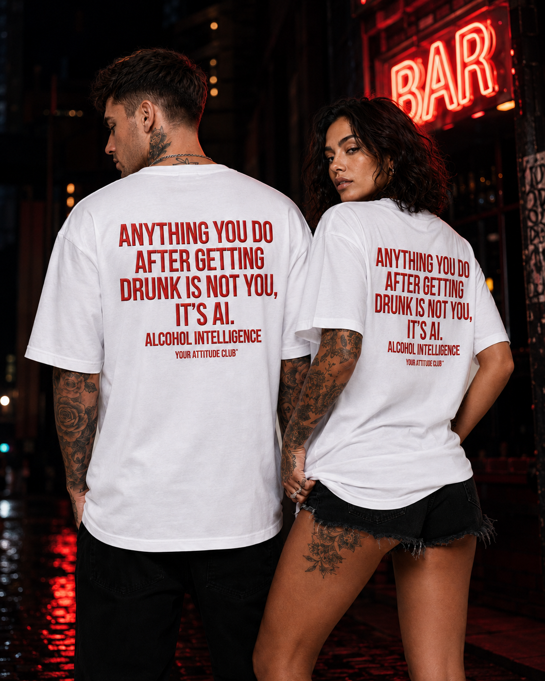 ANYTHING YOU DO AFTER GETTING DRUNK IS NOT YOU, IT’S AI – schwarzes Unisex Oversize Shirt, weißer Backprint, Party T-Shirt, Alkohol Humor