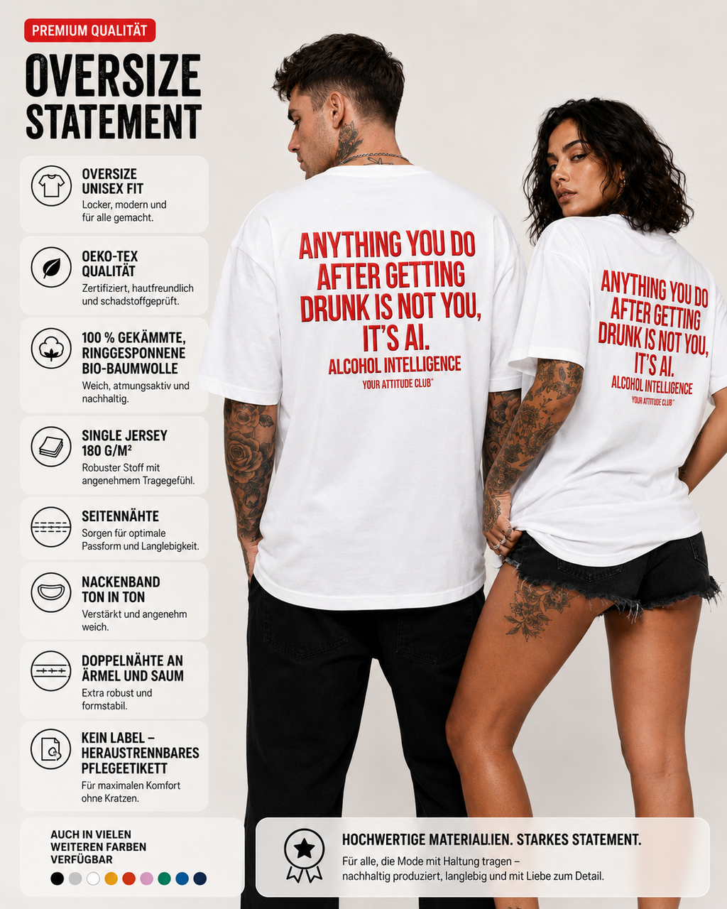 ANYTHING YOU DO AFTER GETTING DRUNK IS NOT YOU, IT’S AI – schwarzes Unisex Oversize Shirt, weißer Backprint, Party T-Shirt, Alkohol Humor