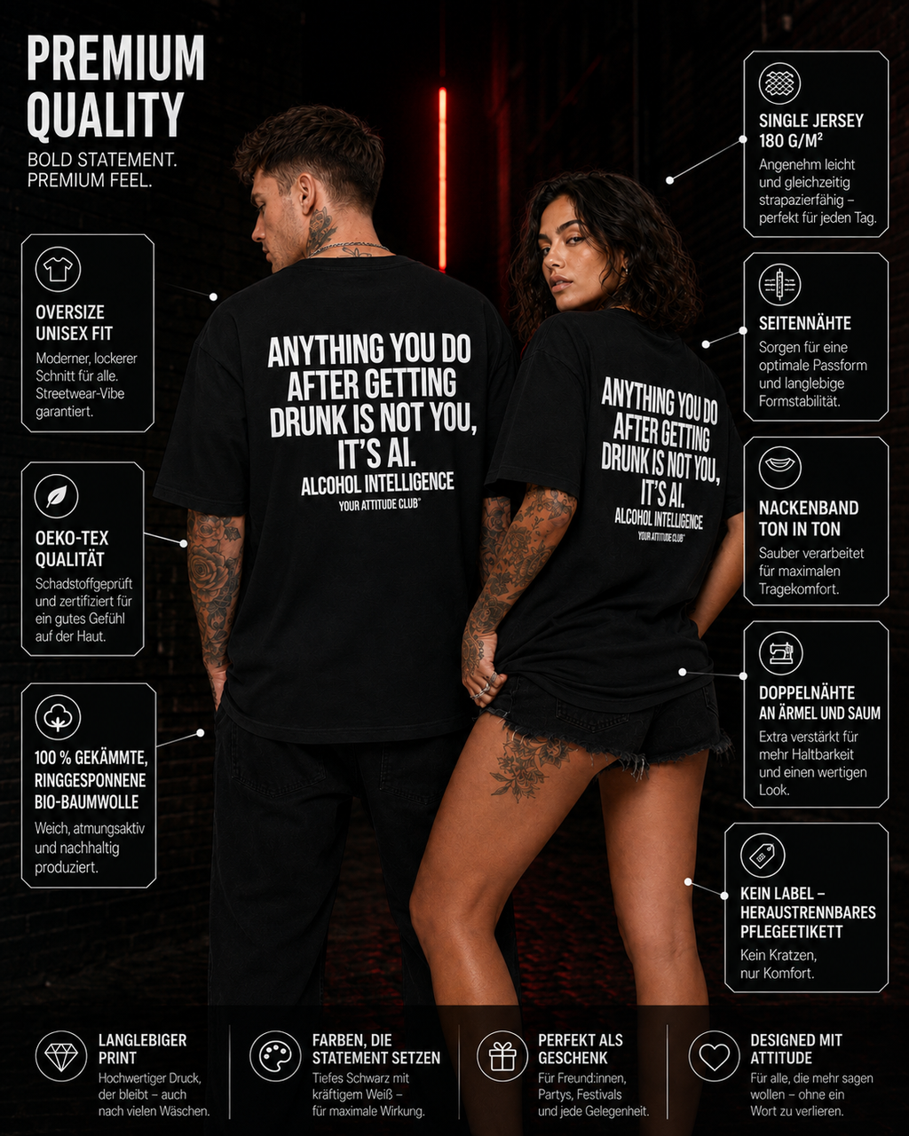 ANYTHING YOU DO AFTER GETTING DRUNK IS NOT YOU, IT’S AI – schwarzes Unisex Oversize Shirt, weißer Backprint, Party T-Shirt, Alkohol Humor