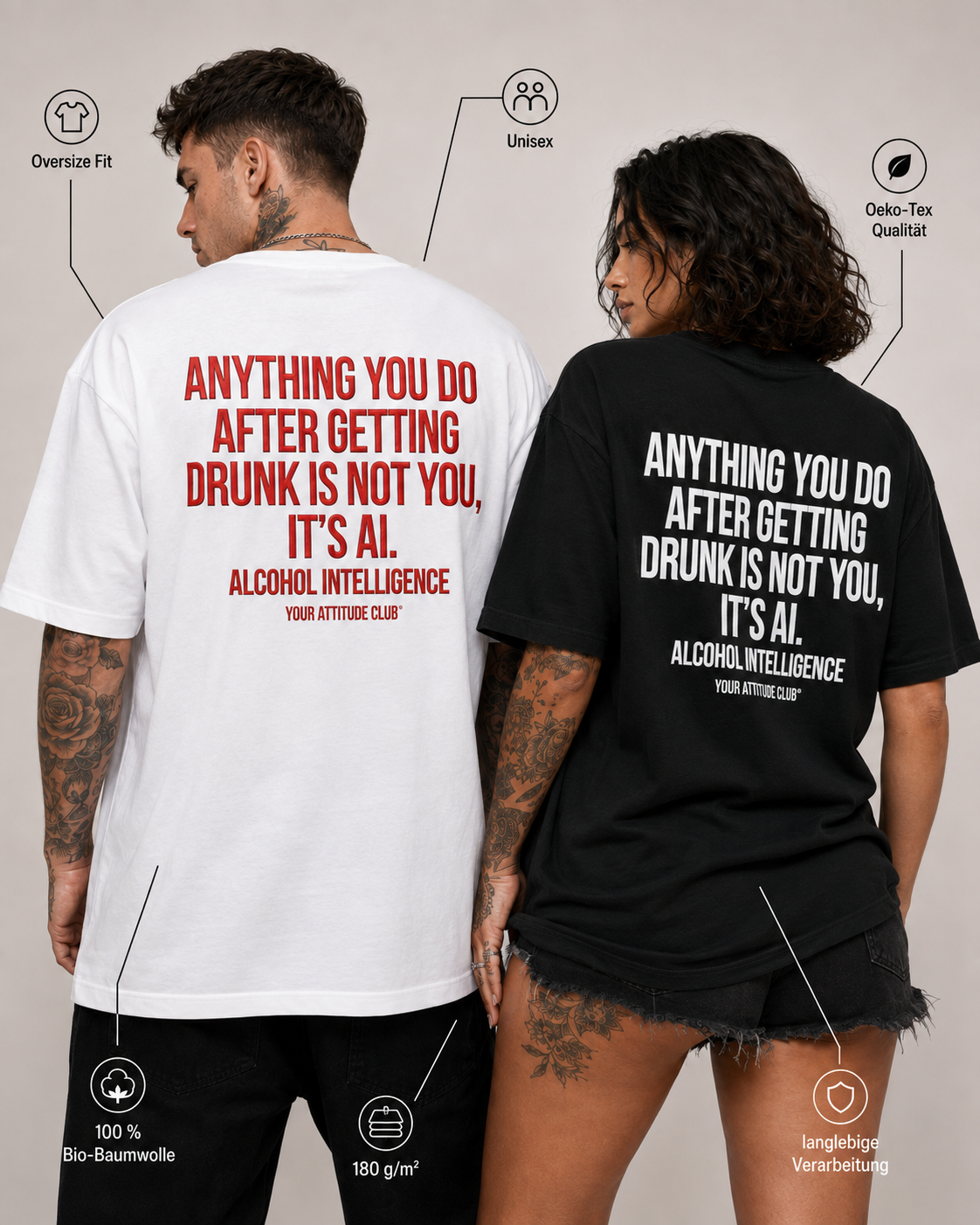 ANYTHING YOU DO AFTER GETTING DRUNK IS NOT YOU, IT’S AI – schwarzes Unisex Oversize Shirt, weißer Backprint, Party T-Shirt, Alkohol Humor