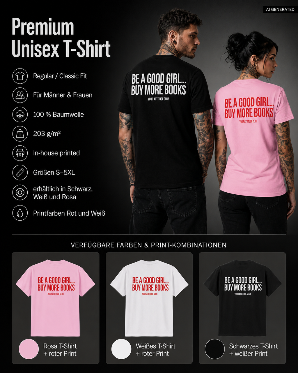 BE A GOOD GIRL... BUY MORE BOOKS – Schwarzes Unisex T-Shirt mit weißem Backprint | Book Lover Shirt | BookTok Shirt | Regular Fit