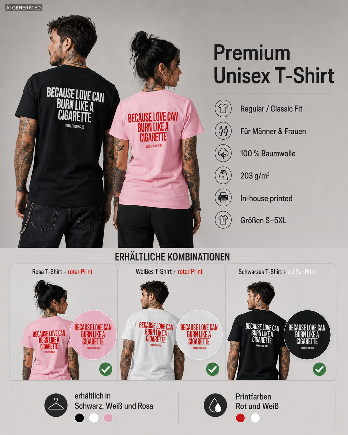 BECAUSE LOVE CAN BURN LIKE A CIGARETTE – Weißes Unisex T-Shirt mit rotem Backprint | Regular Fit Heartbreak Statement Shirt