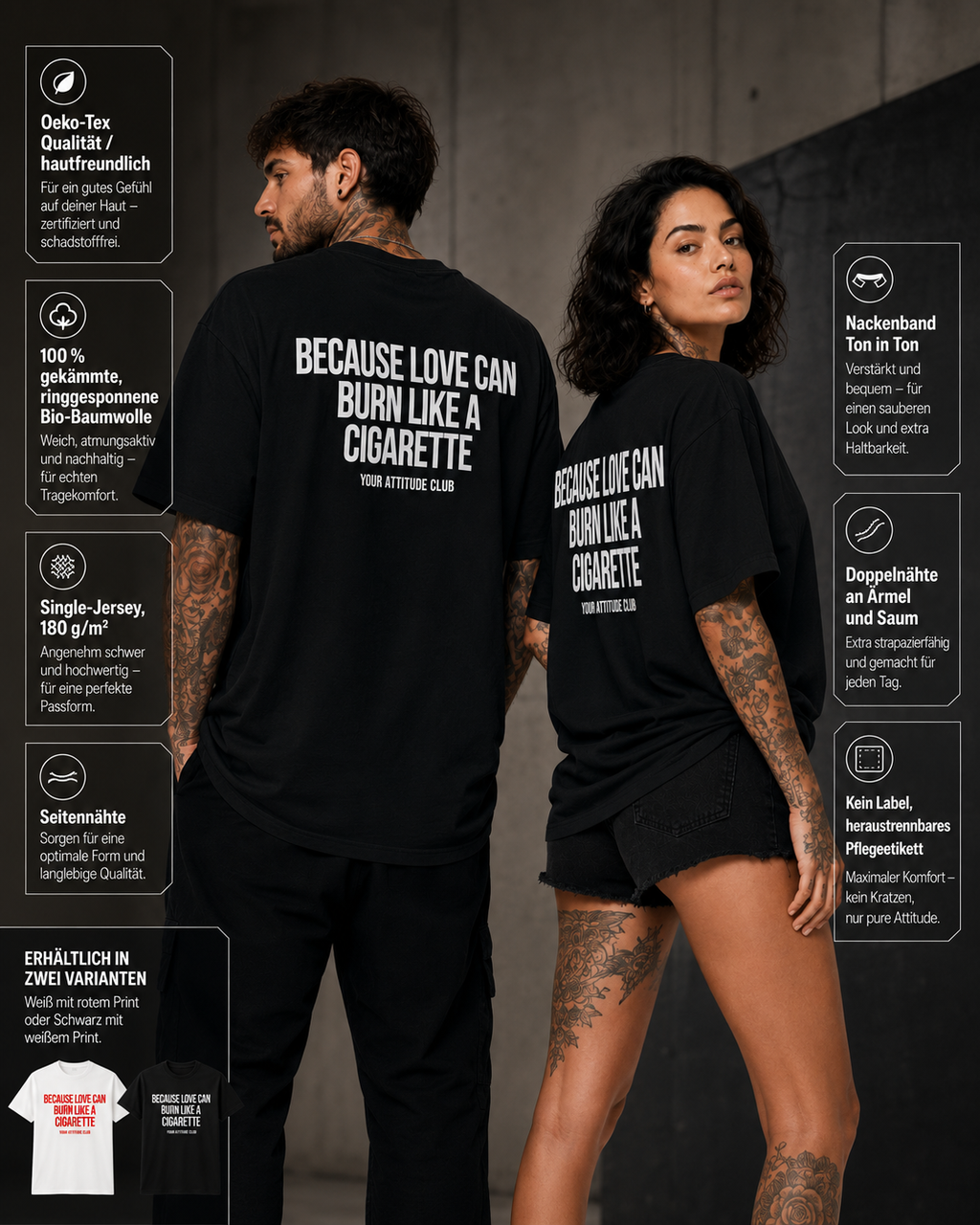 BECAUSE LOVE CAN BURN LIKE A CIGARETTE – weißes Unisex Oversize Shirt mit rotem Backprint, Statement T-Shirt, Dating Humor, Streetwear Geschenk