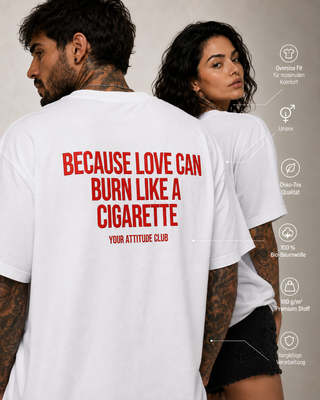 BECAUSE LOVE CAN BURN LIKE A CIGARETTE – weißes Unisex Oversize Shirt mit rotem Backprint, Statement T-Shirt, Dating Humor, Streetwear Geschenk