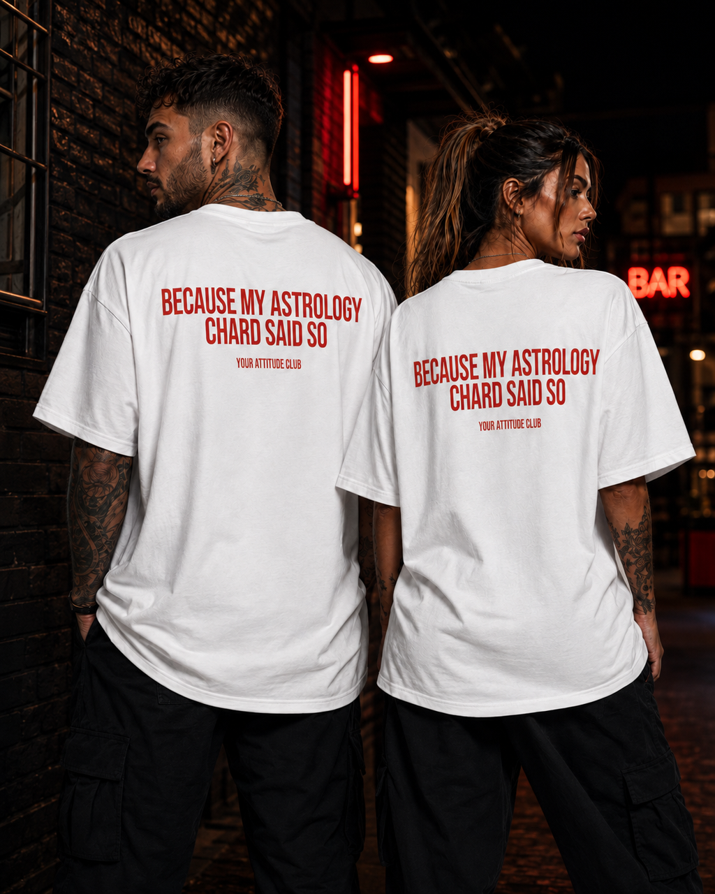 BECAUSE MY ASTROLOGY CHARD SAID SO – schwarzes Unisex Oversize Shirt mit weißem Backprint, lustiges Astro Statement T-Shirt, Sternzeichen Geschenk