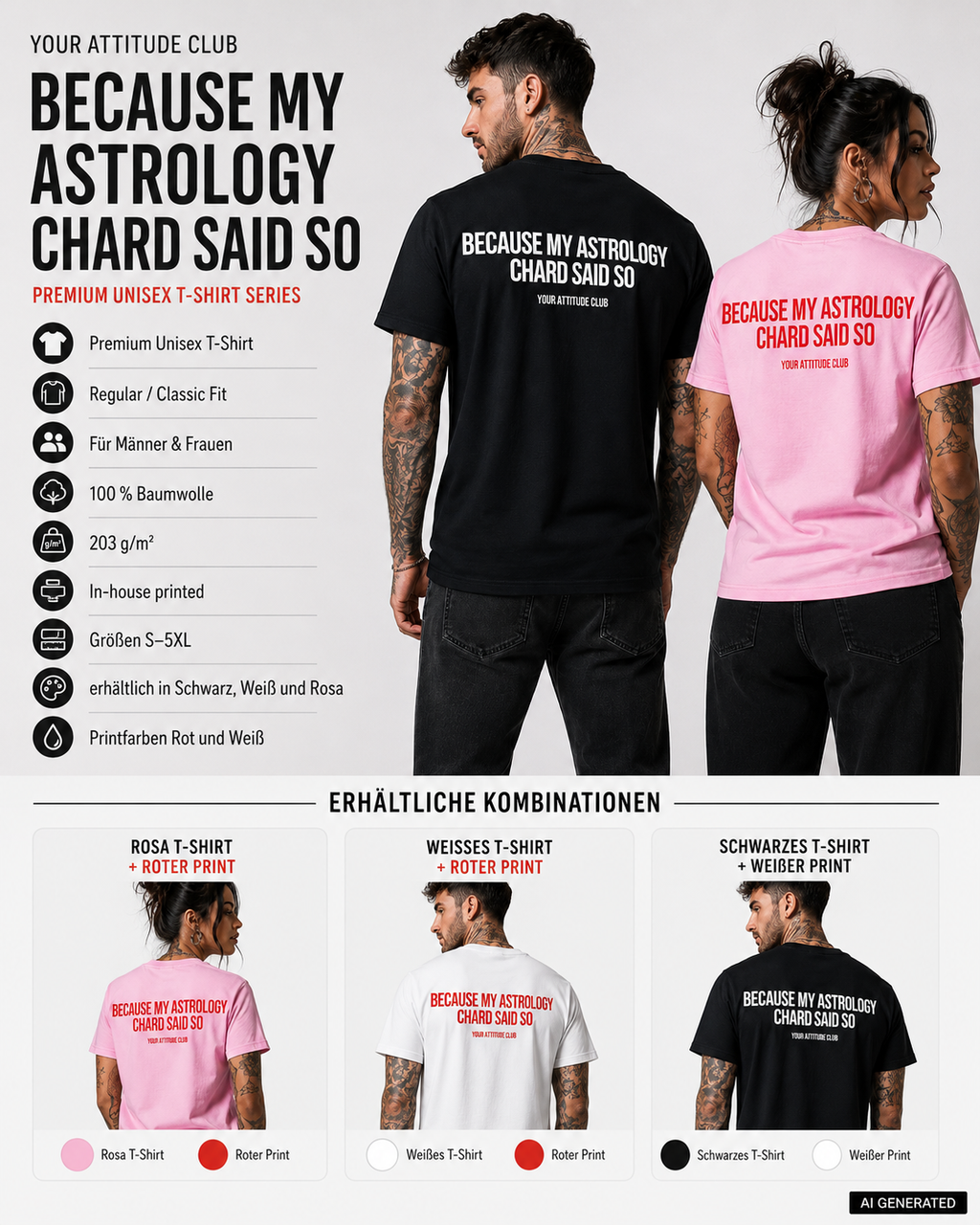 BECAUSE MY ASTROLOGY CHARD SAID SO – Schwarzes Unisex T-Shirt mit weißem Backprint | Astrology Zodiac Shirt | Regular Fit Statement Shirt