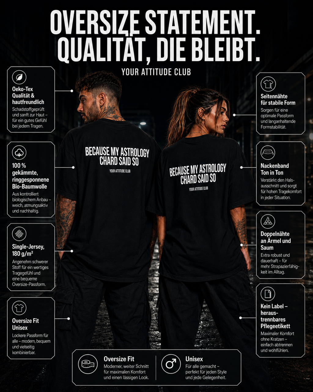 BECAUSE MY ASTROLOGY CHARD SAID SO – schwarzes Unisex Oversize Shirt mit weißem Backprint, lustiges Astro Statement T-Shirt, Sternzeichen Geschenk