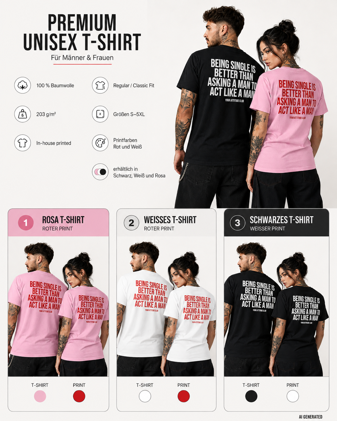 BEING SINGLE IS BETTER THAN ASKING A MAN TO ACT LIKE A MAN – Schwarzes Unisex T-Shirt mit weißem Backprint | Regular Fit Statement Shirt