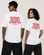BIG DREAMS, FAST CARS & EXPENSIVE TASTE – schwarzes Unisex Oversize Shirt mit weißem Backprint, Statement T-Shirt, Streetwear Geschenk