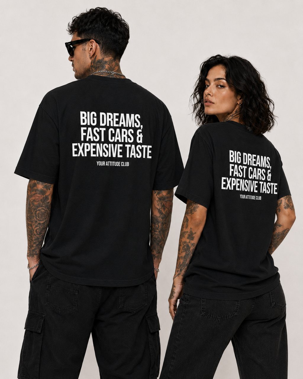 BIG DREAMS, FAST CARS & EXPENSIVE TASTE – schwarzes Unisex Oversize Shirt mit weißem Backprint, Statement T-Shirt, Streetwear Geschenk