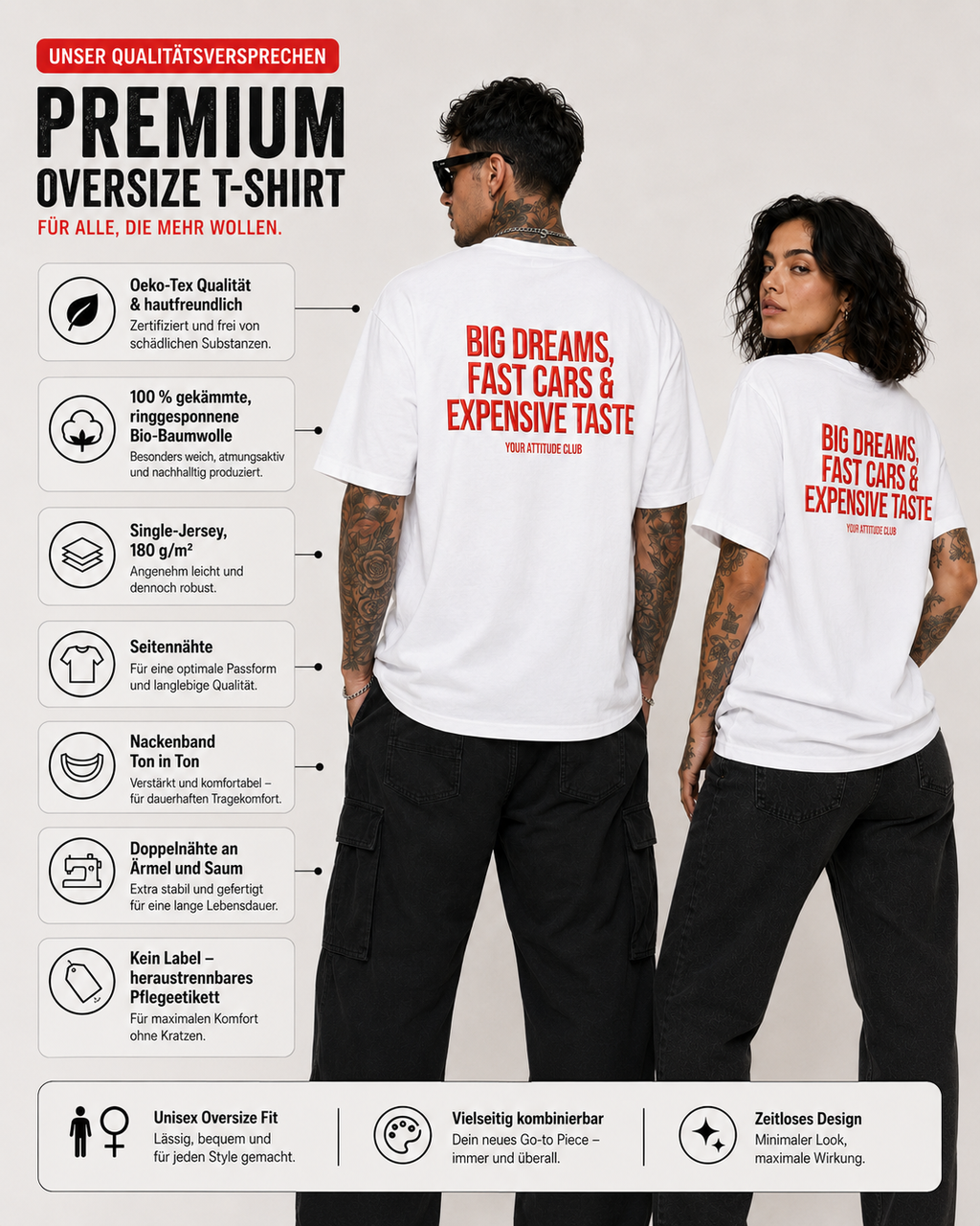 BIG DREAMS, FAST CARS & EXPENSIVE TASTE – weißes Unisex Oversize Shirt mit rotem Backprint, Statement T-Shirt, Streetwear Geschenk