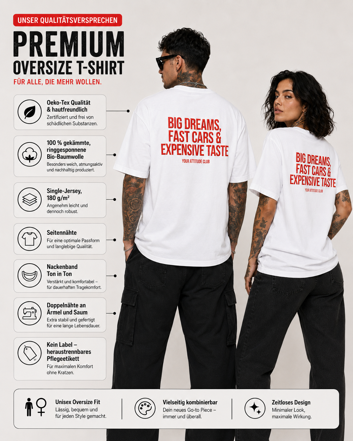 BIG DREAMS, FAST CARS & EXPENSIVE TASTE – weißes Unisex Oversize Shirt mit rotem Backprint, Statement T-Shirt, Streetwear Geschenk