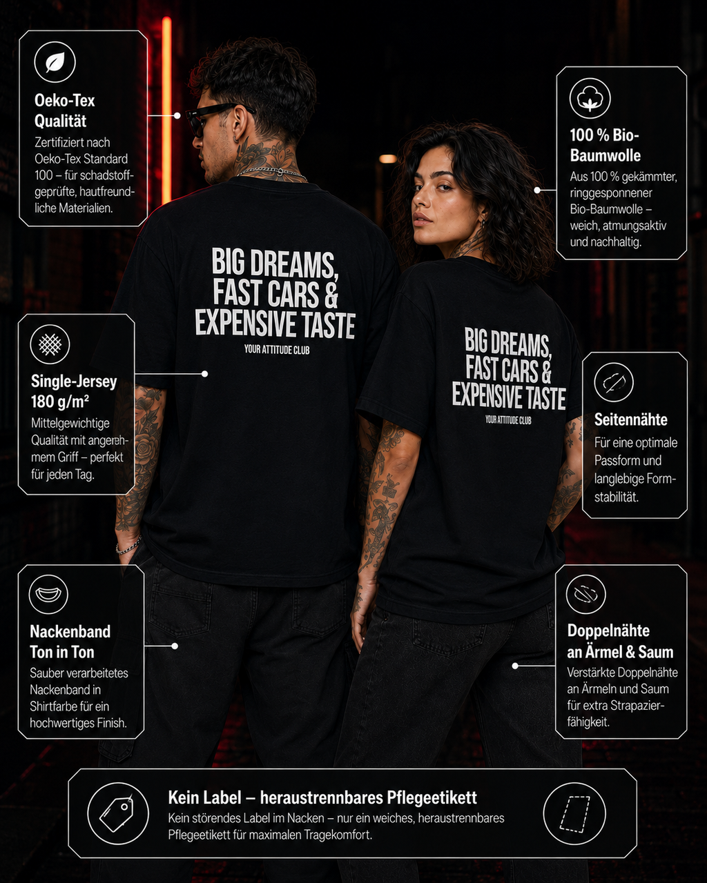 BIG DREAMS, FAST CARS & EXPENSIVE TASTE – weißes Unisex Oversize Shirt mit rotem Backprint, Statement T-Shirt, Streetwear Geschenk