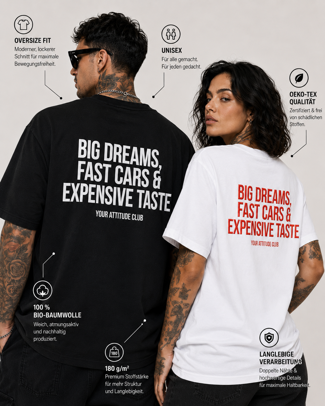 BIG DREAMS, FAST CARS & EXPENSIVE TASTE – schwarzes Unisex Oversize Shirt mit weißem Backprint, Statement T-Shirt, Streetwear Geschenk