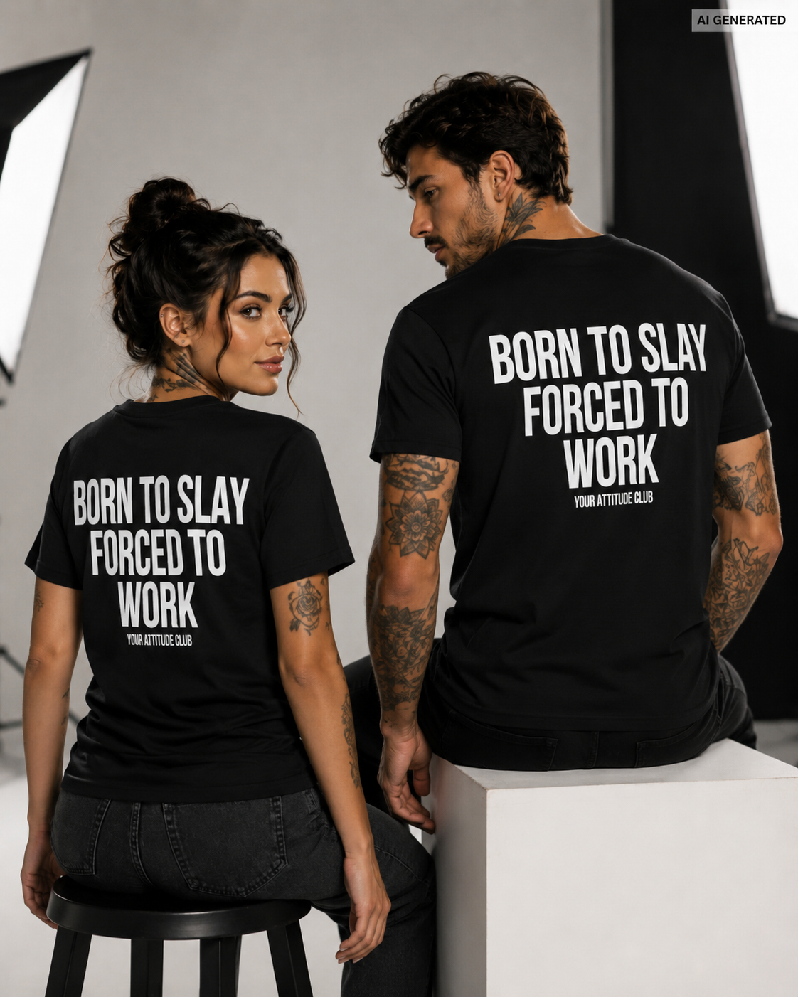 BORN TO SLAY FORCED TO WORK – Schwarzes Unisex T-Shirt mit weißem Backprint | Regular Fit Funny Work Shirt | Office Humor Statement Shirt