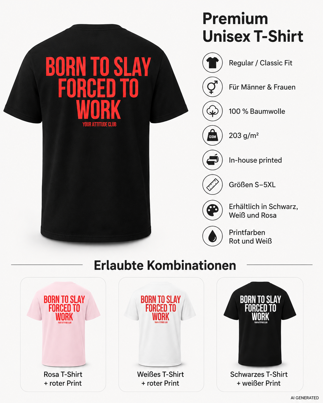 BORN TO SLAY FORCED TO WORK – Weißes Unisex T-Shirt mit rotem Backprint | Regular Fit Funny Work Shirt | Office Humor Statement Shirt