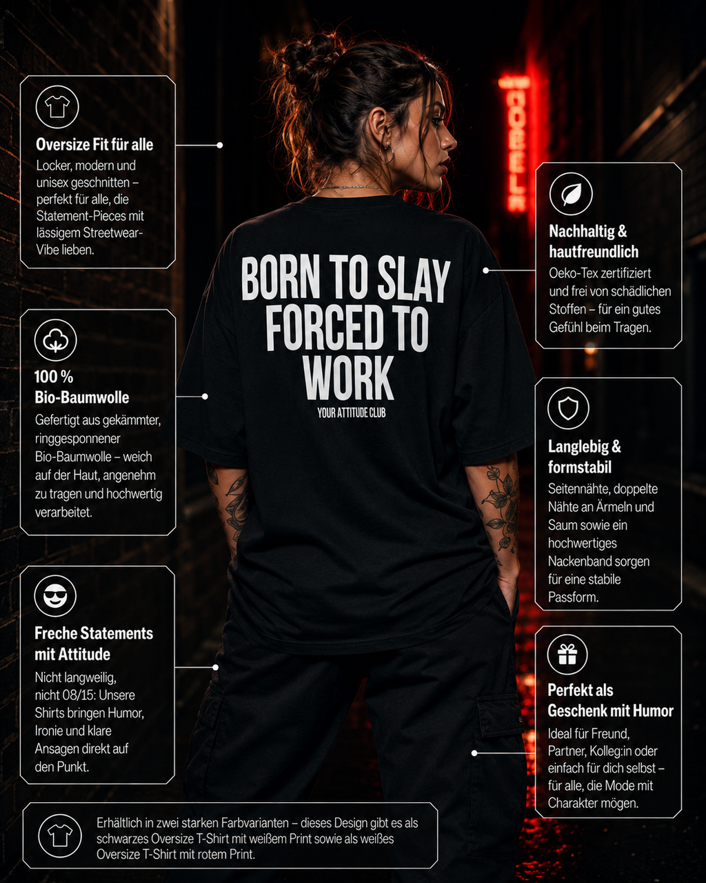 BORN TO SLAY FORCED TO WORK | Oversize Shirt Unisex mit Backprint, Statement Shirt aus Bio-Baumwolle