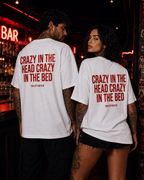 CRAZY IN THE HEAD CRAZY IN THE BED – schwarzes Unisex Oversize Shirt mit weißem Backprint, freches Statement T-Shirt, Adult Humor, Streetwear