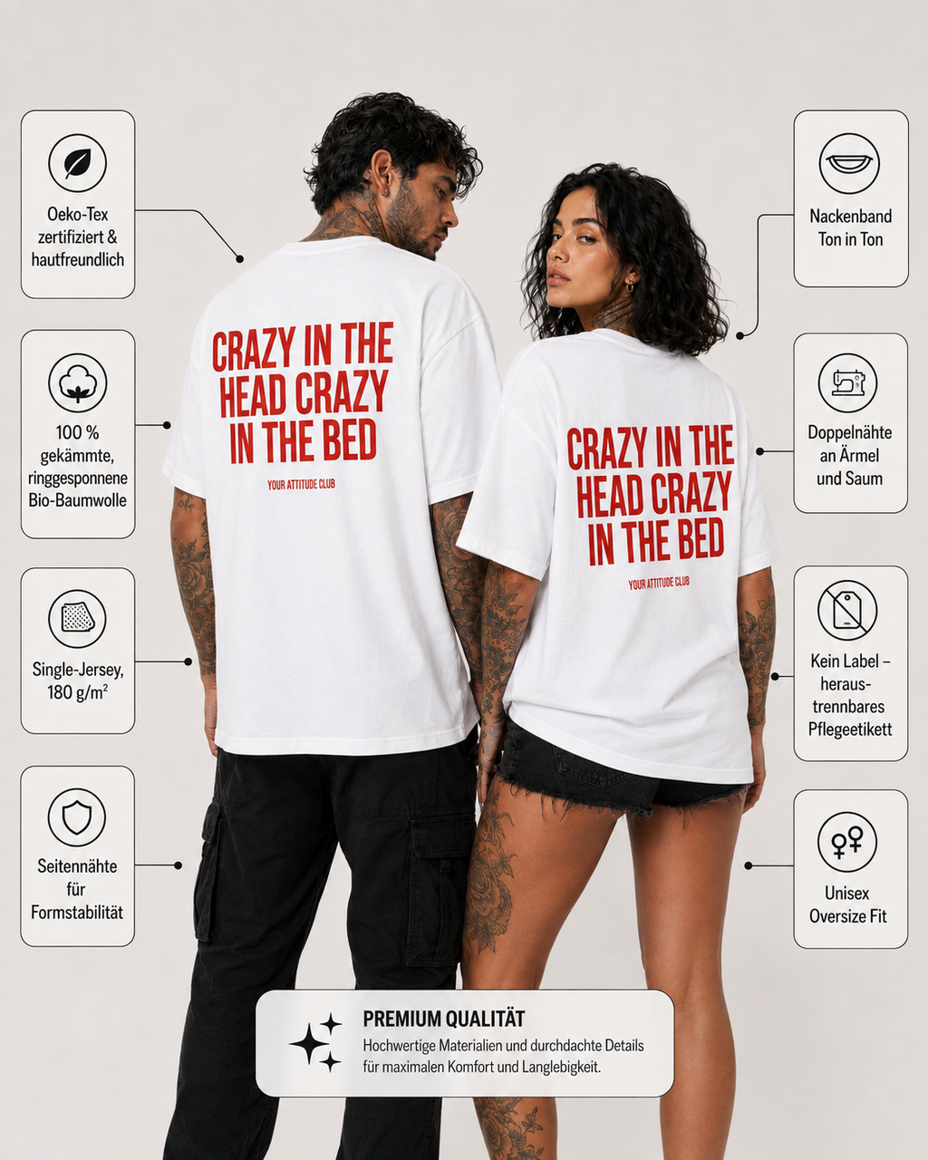 CRAZY IN THE HEAD CRAZY IN THE BED – schwarzes Unisex Oversize Shirt mit weißem Backprint, freches Statement T-Shirt, Adult Humor, Streetwear