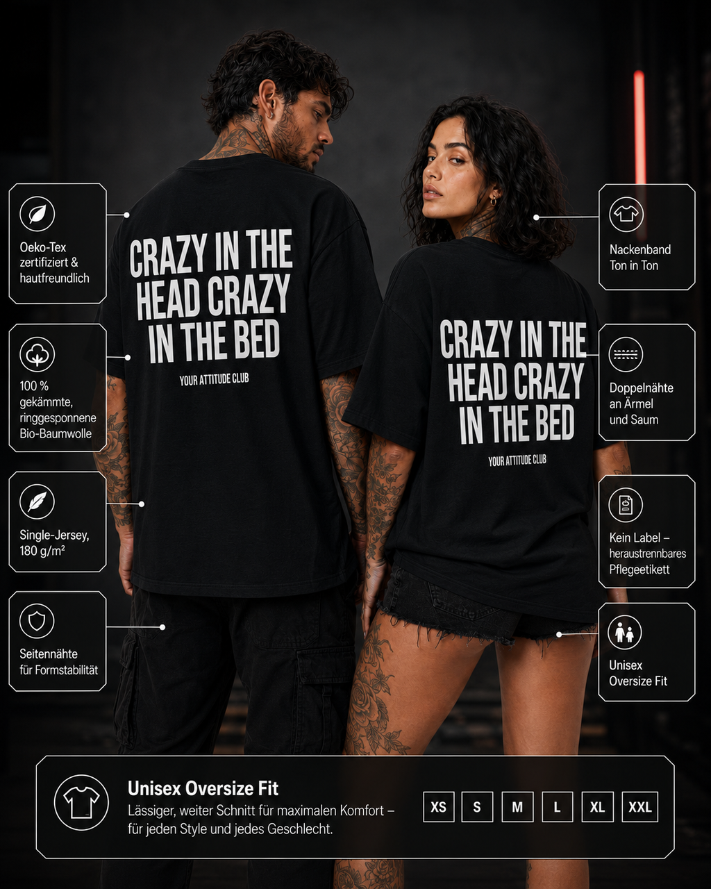 CRAZY IN THE HEAD CRAZY IN THE BED – schwarzes Unisex Oversize Shirt mit weißem Backprint, freches Statement T-Shirt, Adult Humor, Streetwear
