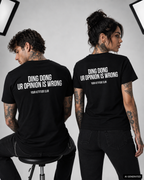 DING DONG UR OPINION IS WRONG – Weißes Unisex T-Shirt mit rotem Backprint | Regular Fit Sarcastic Statement Shirt | Funny Attitude Shirt